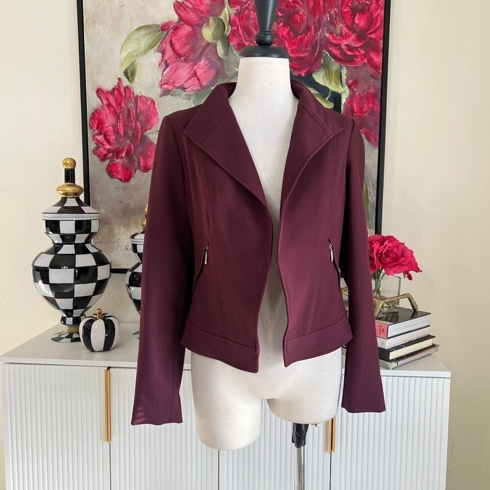 White House Black Market Women's Open Front Moto Blazer Jacket Maroon Size 4